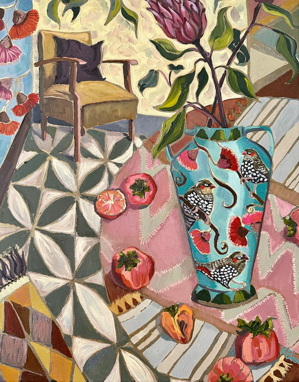 Kobie Bosch - Red Eared Finches with Protea