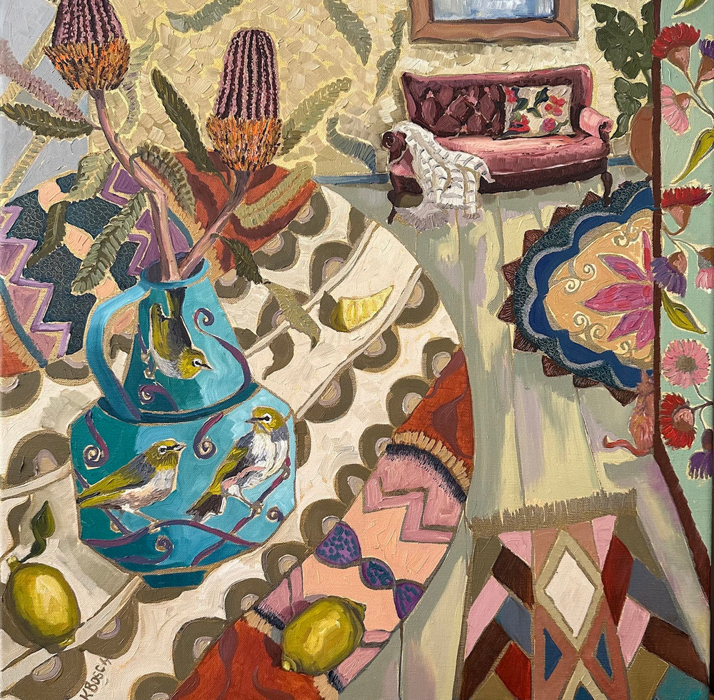 Kobie Bosch - Cape White Eyes with Menzies Banksias