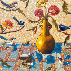 Kobie Bosch - Blue Wrens & Golden Pot with Poppies