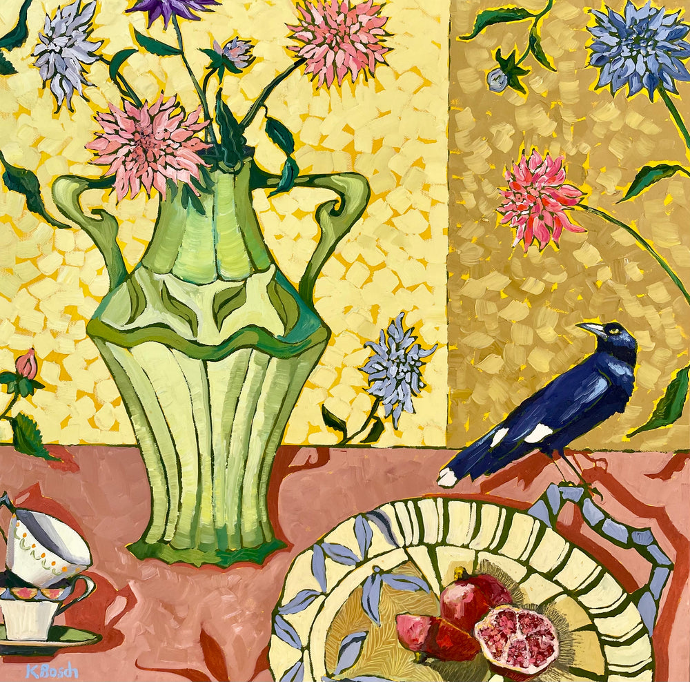 Kobie Bosch - Dahlias and Currawong on Yellow