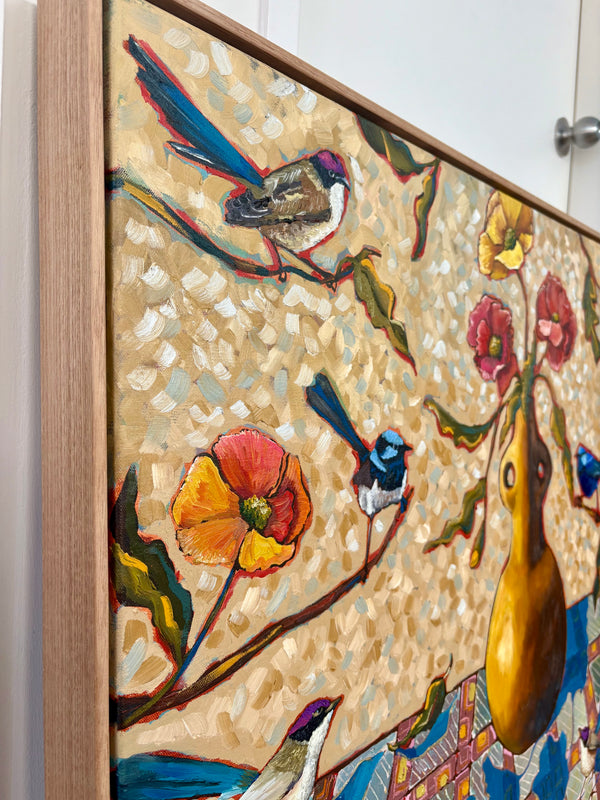 Kobie Bosch - Blue Wrens & Golden Pot with Poppies