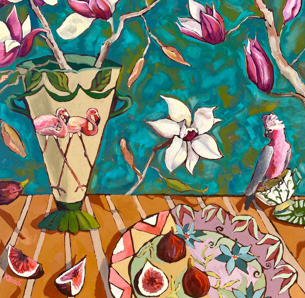 Kobie Bosch - Galah, Flamingo and Dahlia on Turquoise
