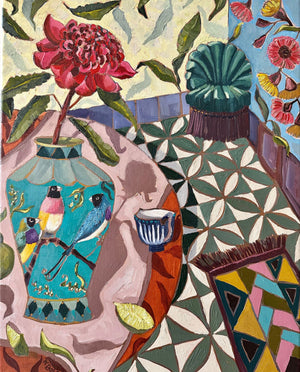 Kobie Bosch - Gauldian Finches with red Waratah