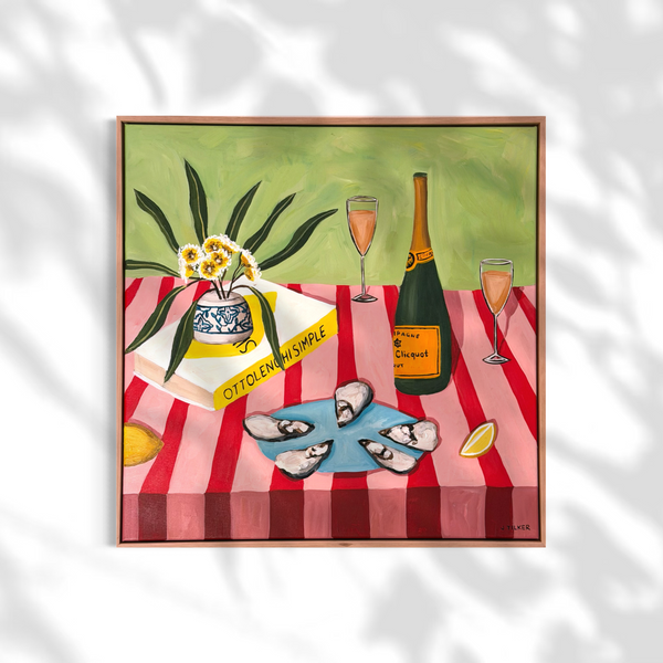 Jo Tilker -Bubbles and oysters on a blue plate