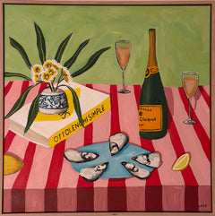 Jo Tilker -Bubbles and oysters on a blue plate