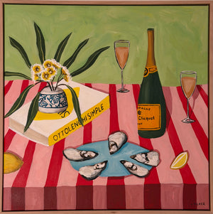 Jo Tilker -Bubbles and oysters on a blue plate