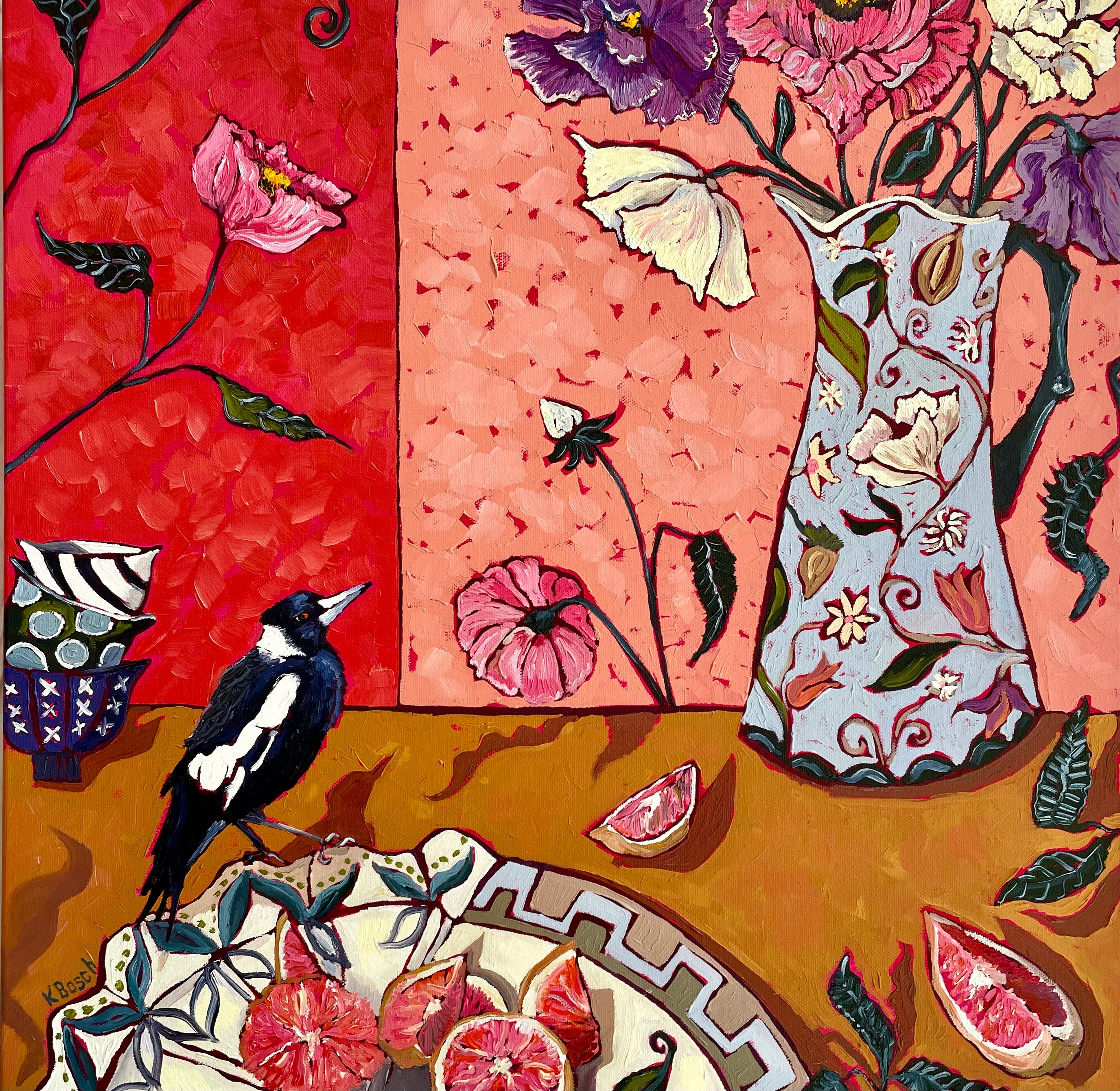 Kobie Bosch - Jug with Poppies and Magpie on Red