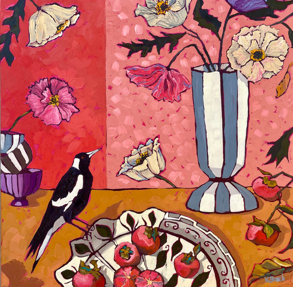 Kobie Bosch - Stripy Vase with Poppies and Magpie on Red