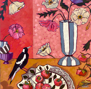 Kobie Bosch - Stripy Vase with Poppies and Magpie on Red
