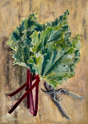 Simone Hale - Fresh Cut Rhubarb on an Old Trestle Table