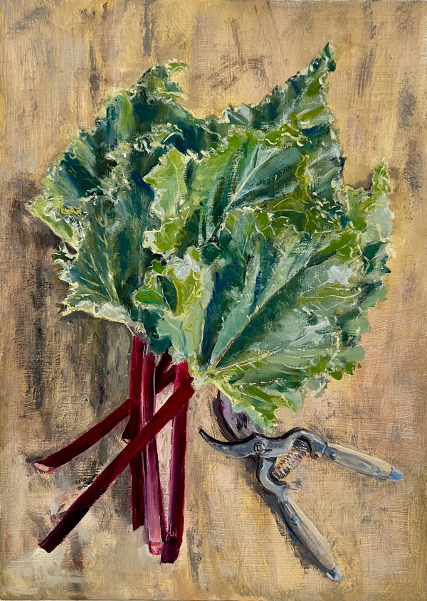 Simone Hale - Fresh Cut Rhubarb on an Old Trestle Table