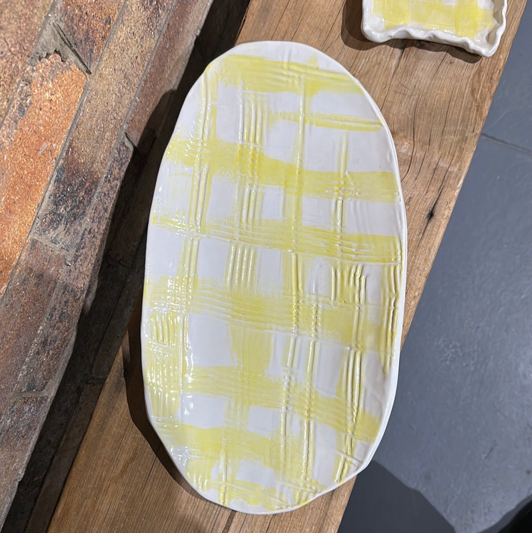 Angela Edwards Ceramics - Yellow/White check oval platter