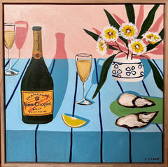 Jo Tilker - Veuve and Oysters on a green plate