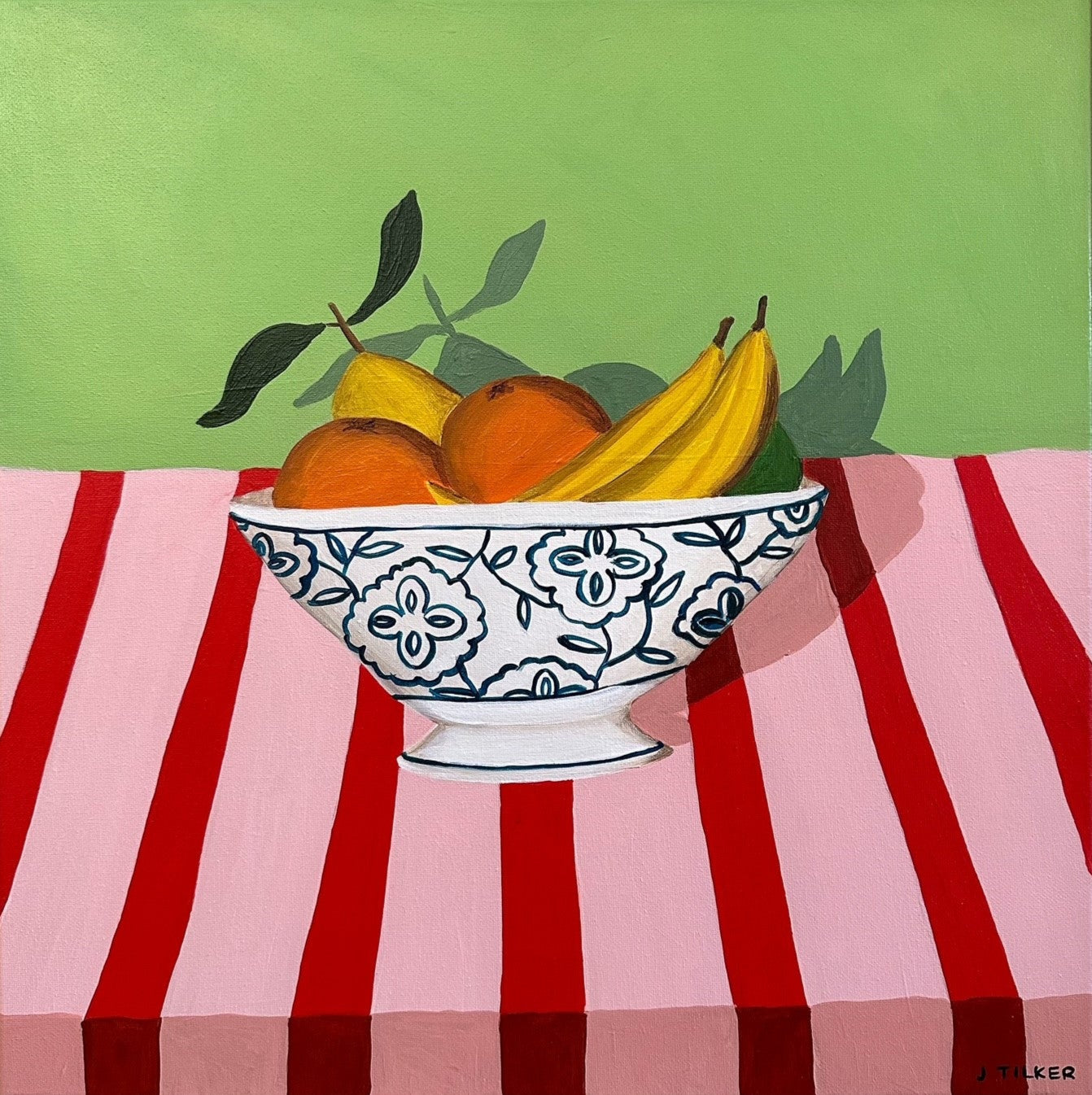 Jo Tilker - Fruit Bowl on a Pink and Red Tablecloth