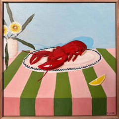 Jo Tilker - Red Lobster on a Pink and Green Tablecloth
