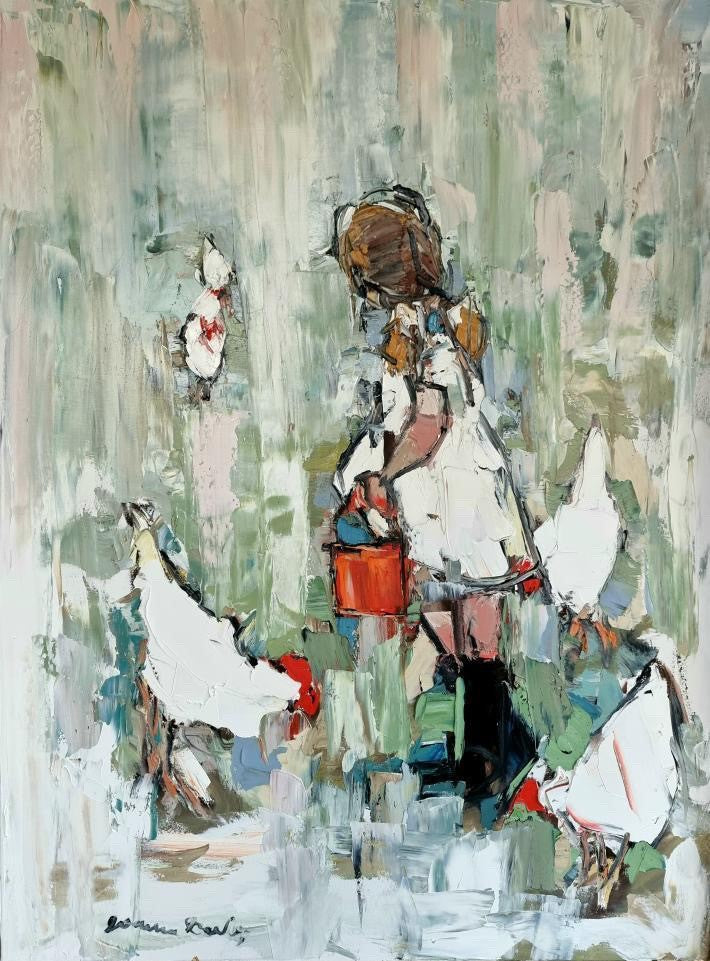 Joanna Davies - Girl, Chooks, Red Bucket