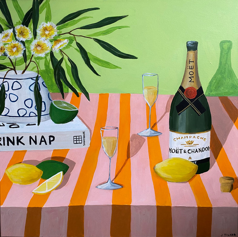 Jo Tilker - Bubbles for two on a pink and orange tablecloth