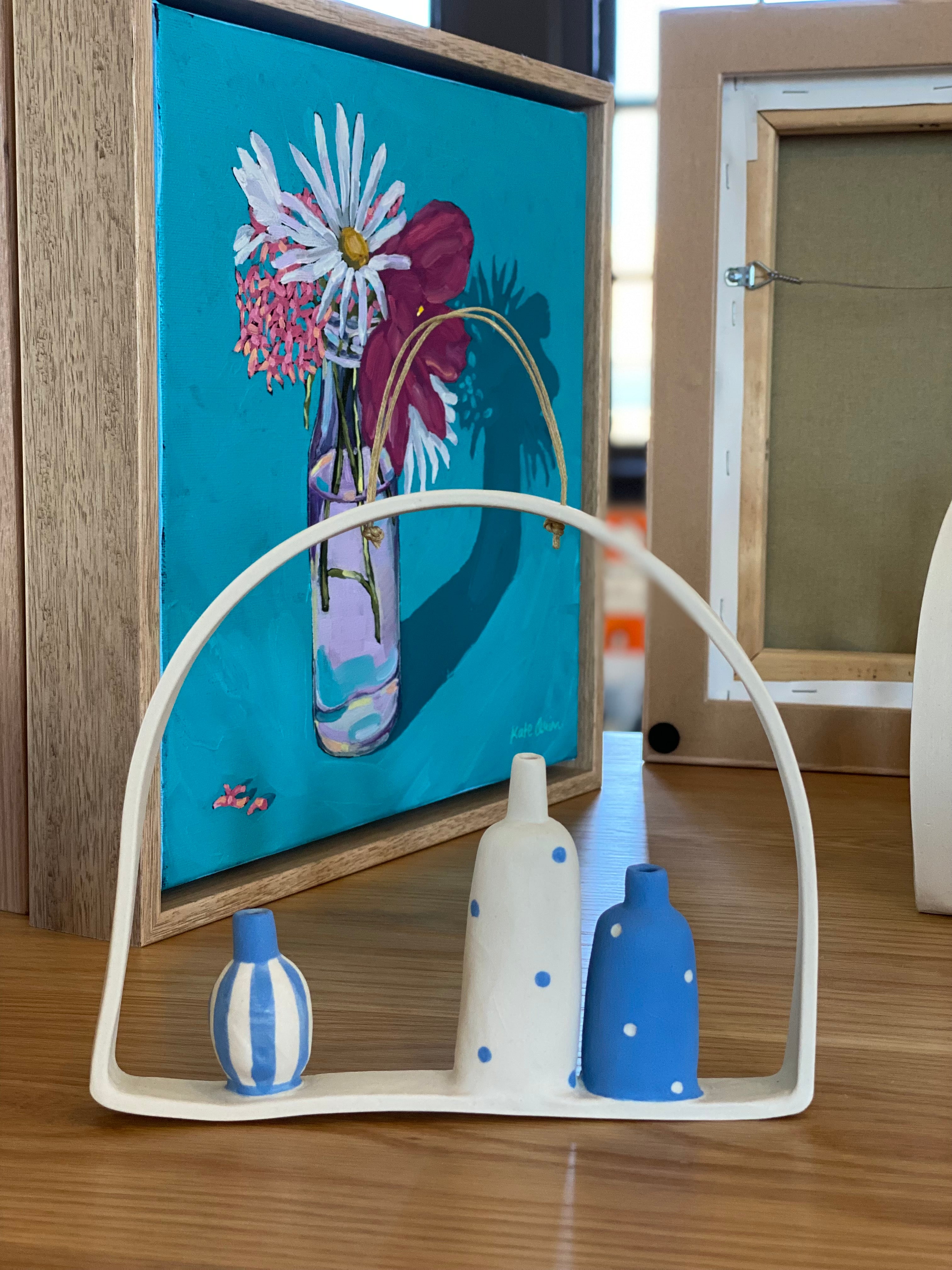 Illy's Wall - Three vase with blue stripe, blue spot and white spot