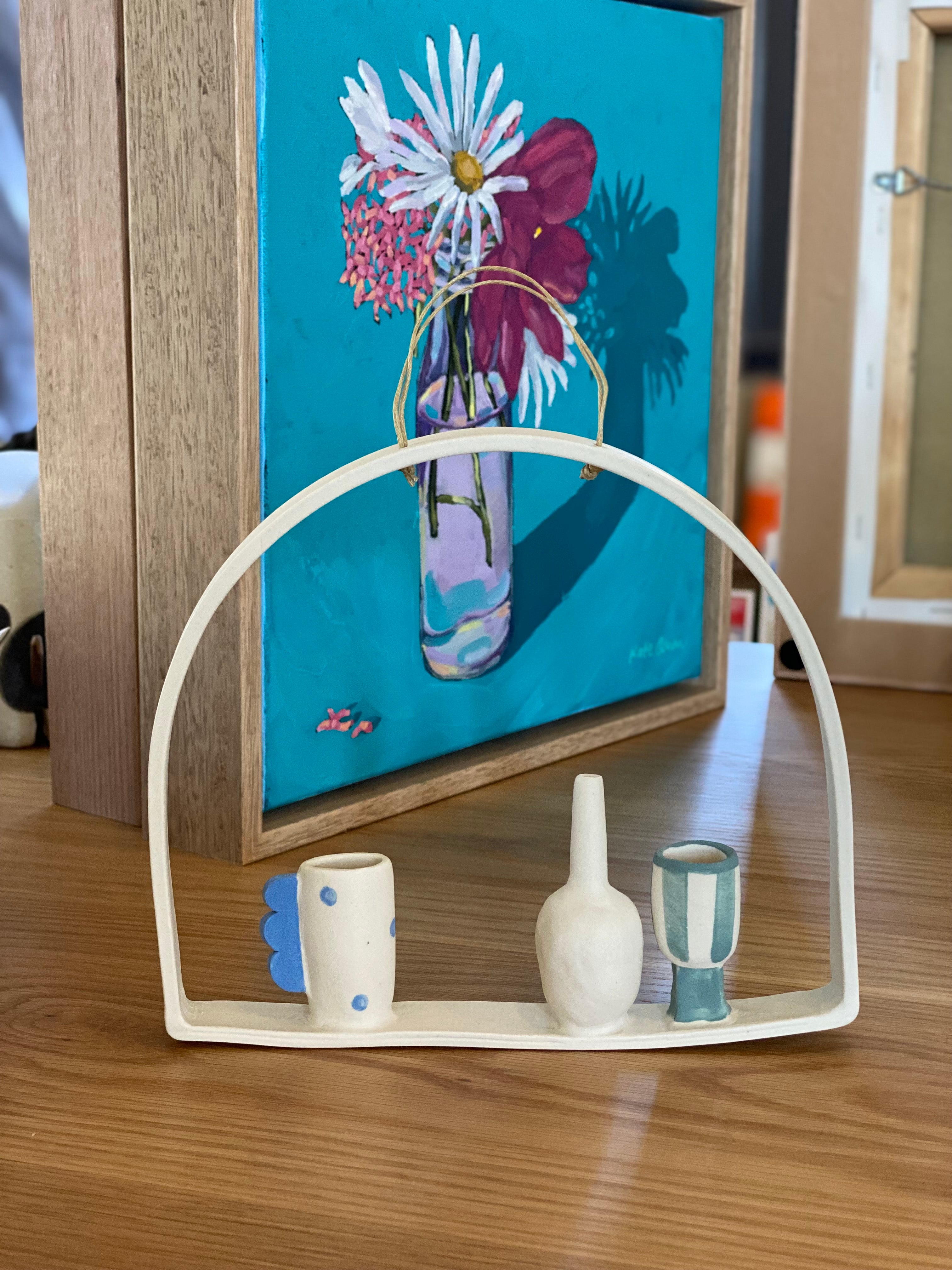 Illy's Wall - Three vase with blue spot, white and green stripe