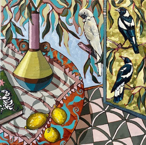 Kobie Bosch - Magpies and Cockatoo with lemons and lemony vase