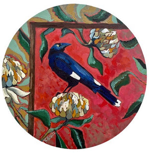 Kobie Bosch - Currawong on round birch panel: