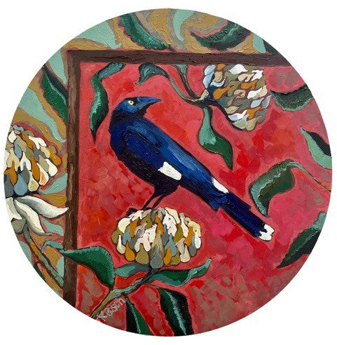 Kobie Bosch - Currawong on round birch panel: