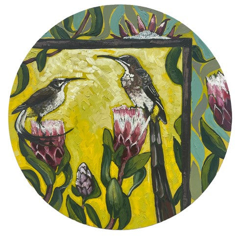 Kobie Bosch - Cape Sugarbirds on round panel